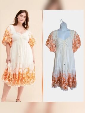 Anthropologie Tina Puff Sleeve Embroidery Maxi Dress Cotton Modal 1X Resort Boho